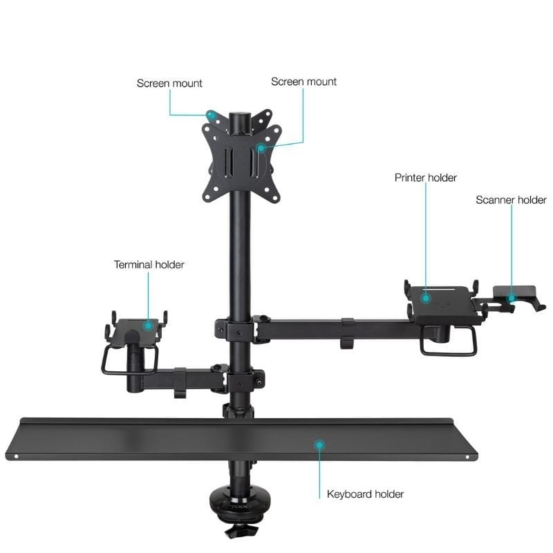Tooq TQPM0003 Suporte de Mesa POS para 2 Monitores / Giratório / Basculante / Inclinável / Rotativo…