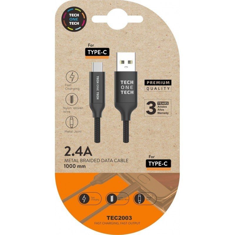 USB 2.0 Tipo C Tech One Tech TEC2003 / USB Tipo C Macho - USB Macho / 1m / Preto