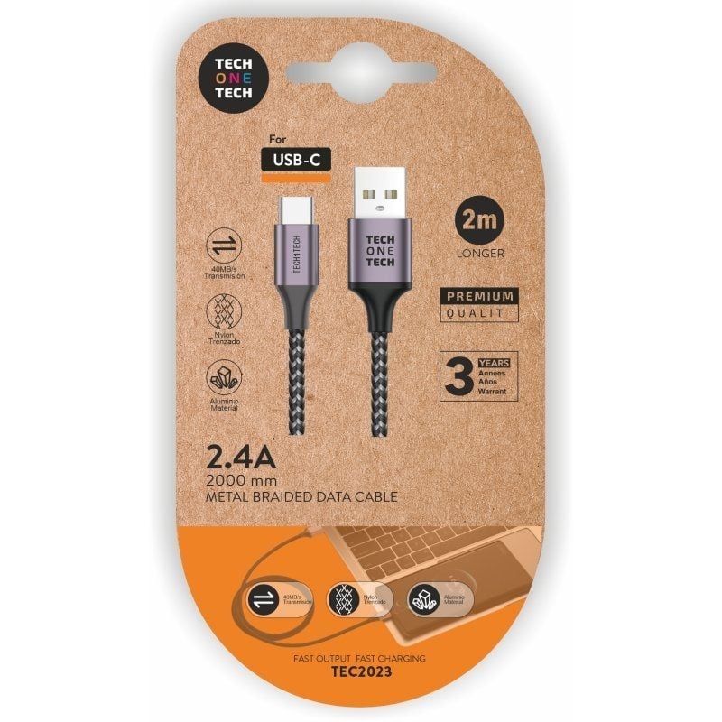 USB 2.0 Tipo C Tech One Tech TEC2023 / USB Tipo C Macho - USB Macho / 2m / Cinzento