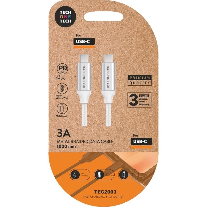 USB 2.0 Tipo C Tech One Tech TEC2204 / USB Tipo C Macho - USB Tipo C Macho / 1m / Branco