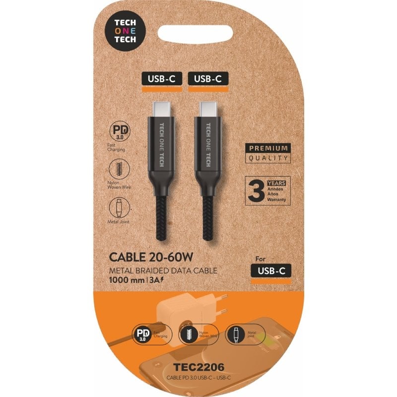 USB 2.0 Tipo C Tech One Tech TEC2206 / USB Tipo C Macho - USB Tipo C Macho / Até 60W / 480mbps / 1m…