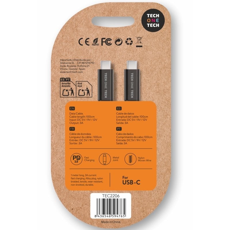 USB 2.0 Tipo C Tech One Tech TEC2206 / USB Tipo C Macho - USB Tipo C Macho / Até 60W / 480mbps / 1m…