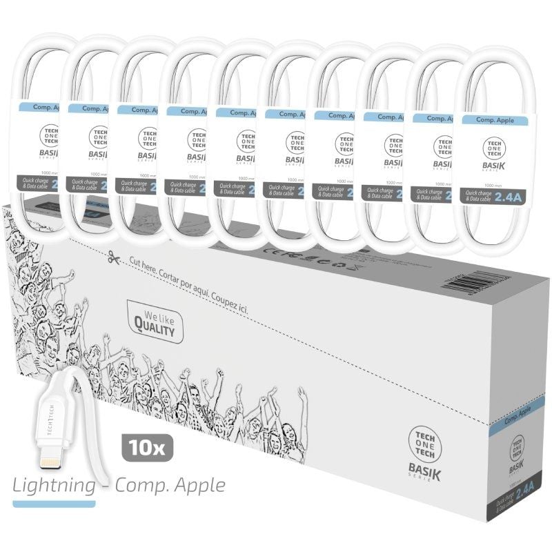 Pacote de 10 Cabos Lightning Tech One Tech Basik TEC2952 / USB Macho - Lightning Macho / 1m / Branco