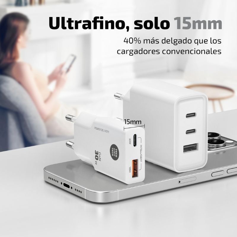 Carregador de Parede Gan Tech One Tech Gan TEC2230 / 1xusb Type-c / 1xusb / 30W / Branco