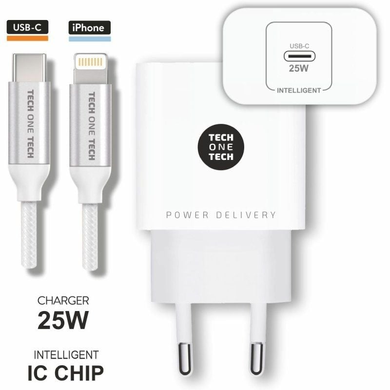 Carregador de Parede Tech One Tech TEC2265 / 1xusb Type-c + Cabo Lightning / 3A / Branco