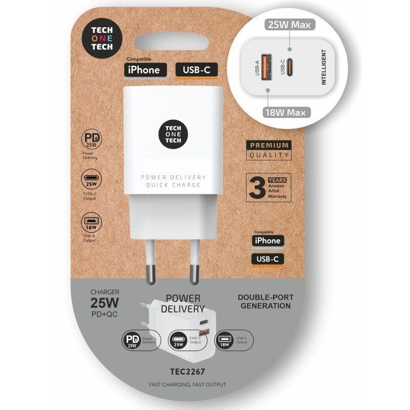 Carregador de Parede Tech One Tech TEC2267 / 1xusb Type-c / 1xusb / 3A / Branco
