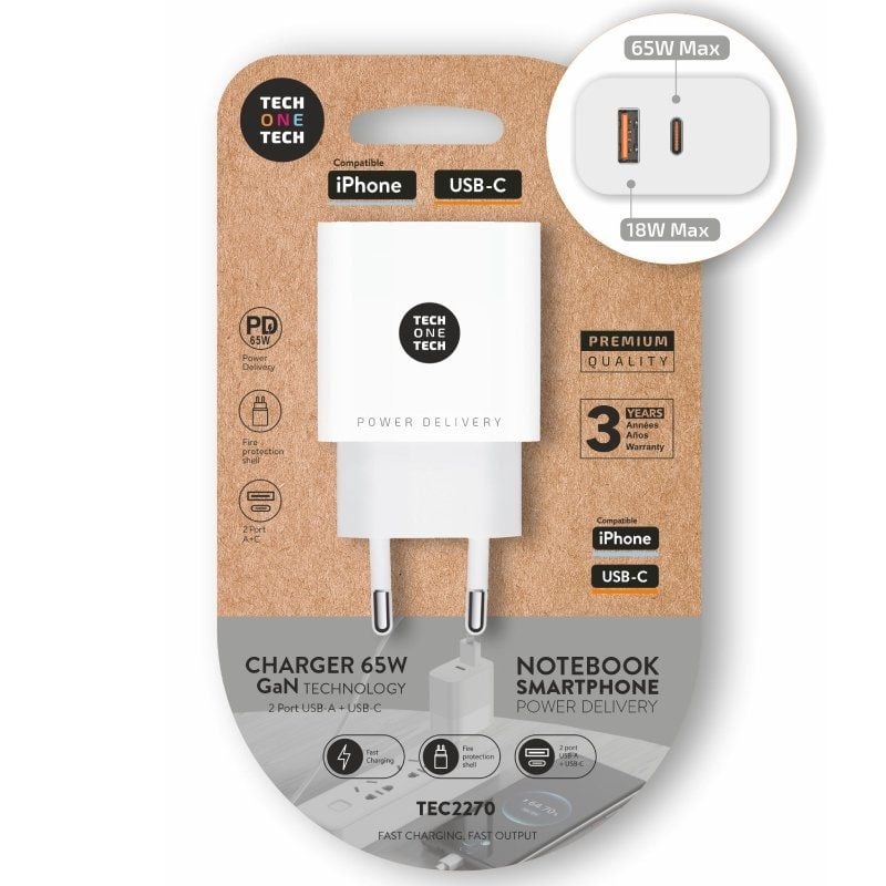 Carregador de Parede Gan Tech One Tech Gan TEC2270 / 1xusb Type-c / 1xusb / 65W / Branco