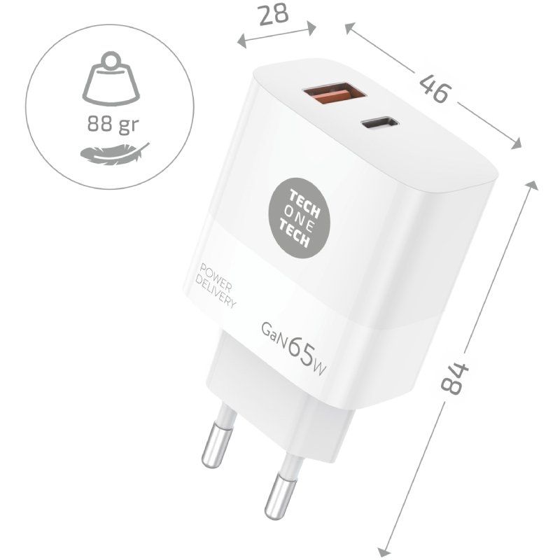 Carregador de Parede Gan Tech One Tech Gan TEC2270 / 1xusb Type-c / 1xusb / 65W / Branco