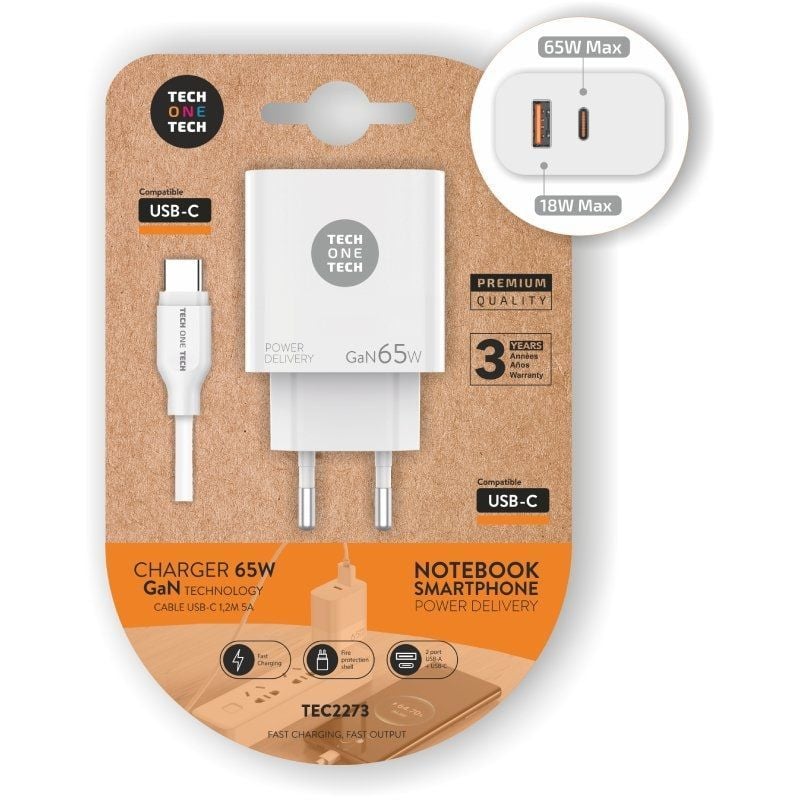 Carregador de Parede Gan Tech One Tech PD TEC2273 Gan / 1xusb Tipo C / 1xusb / 65W