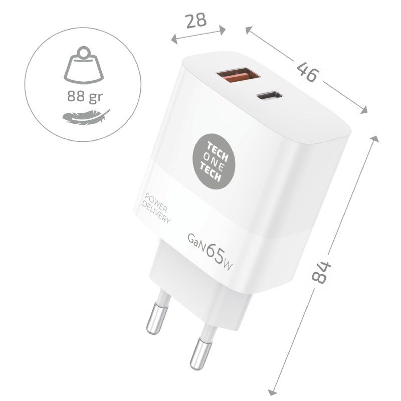 Carregador de Parede Gan Tech One Tech PD TEC2273 Gan / 1xusb Tipo C / 1xusb / 65W
