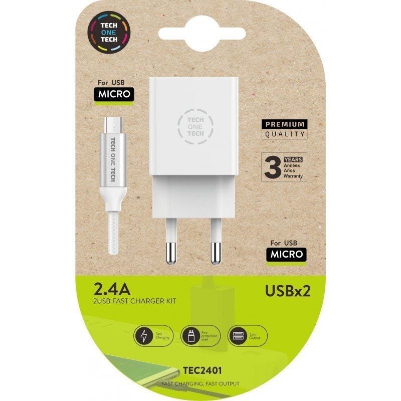 Carregador de Parede Tech One Tech TEC2401 / 2xusb + Cabo Micro USB / 12W / Branco