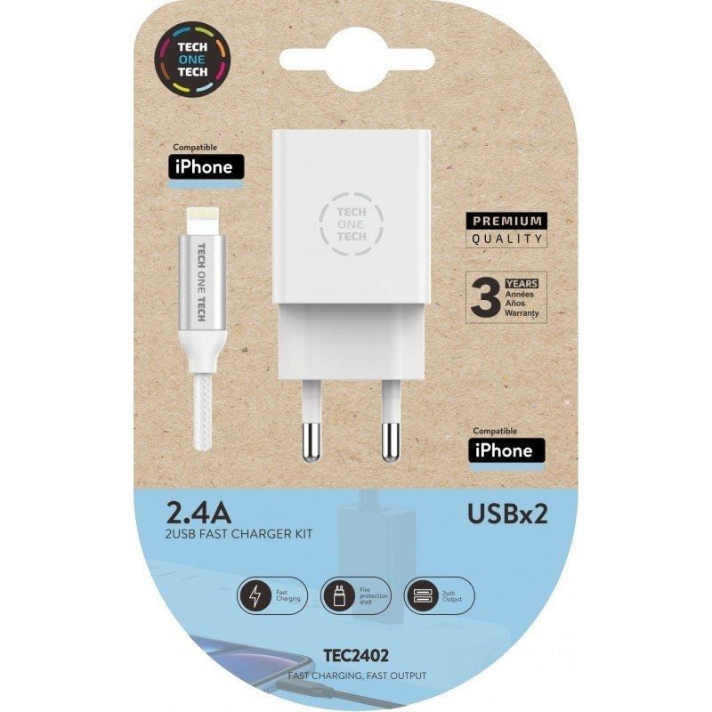 Carregador de Parede Tech One Tech TEC2402 / 2xusb + Cabo Lightning / 12W / Branco