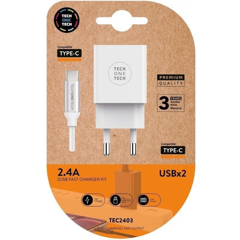 Carregador de Parede Tech One Tech TEC2403 / 2xusb + Cabo USB Tipo C / 12W / Branco