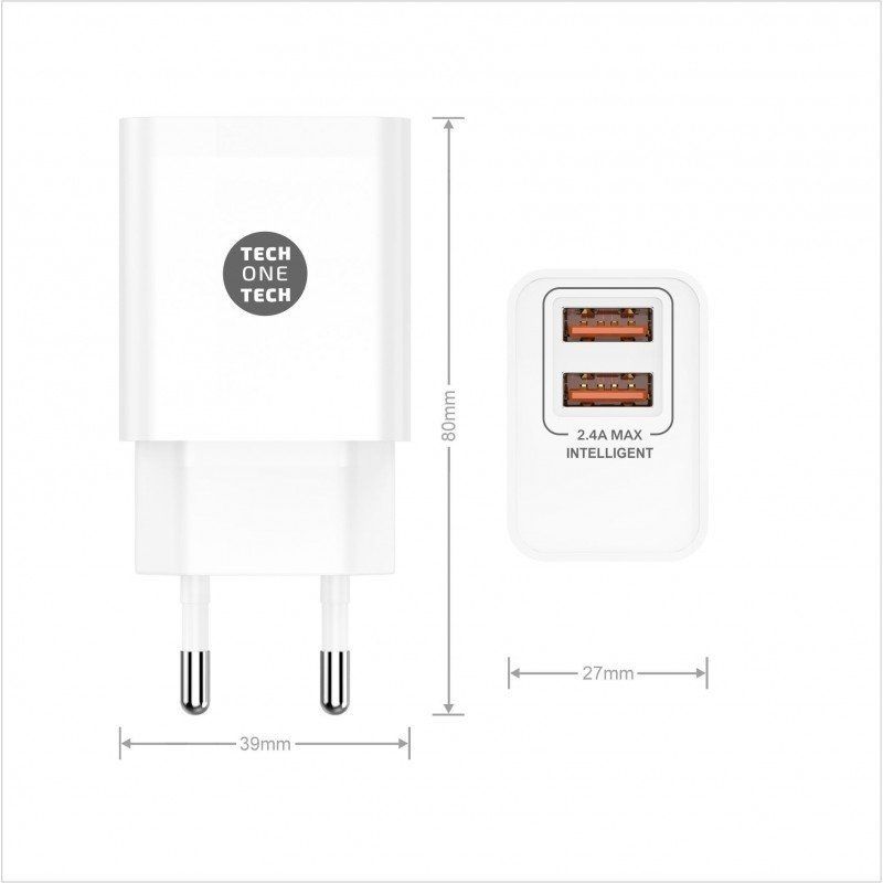 Carregador de Parede Tech One Tech TEC2403 / 2xusb + Cabo USB Tipo C / 12W / Branco
