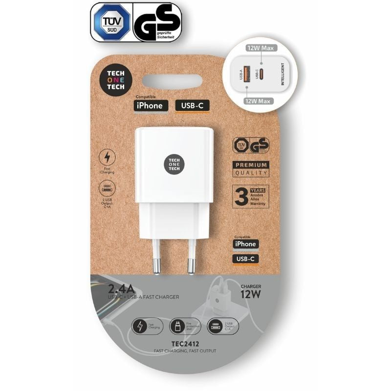 Carregador de Parede Tech One Tech TEC2412 / 1xusb Type-c / 1xusb / 12W / Branco