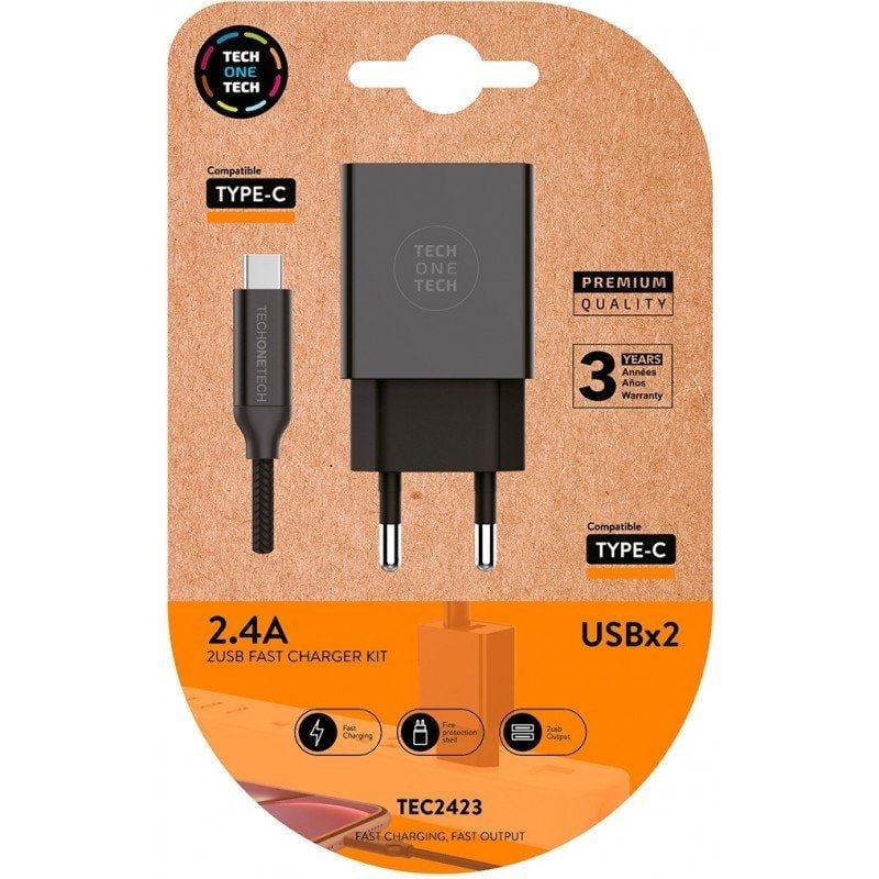 Carregador de Parede Tech One Tech TEC2423 / 2xusb + Cabo USB Tipo C / 12W / Preto