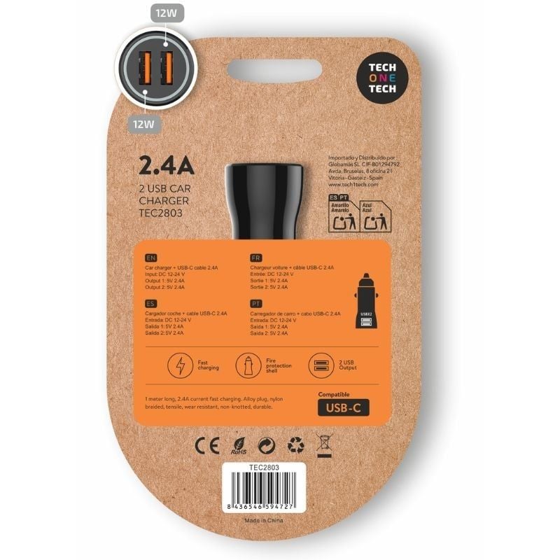Carregador de Automóvel Tech One Tech TEC2803 / 2xusb + Cabo USB Tipo C / 12W