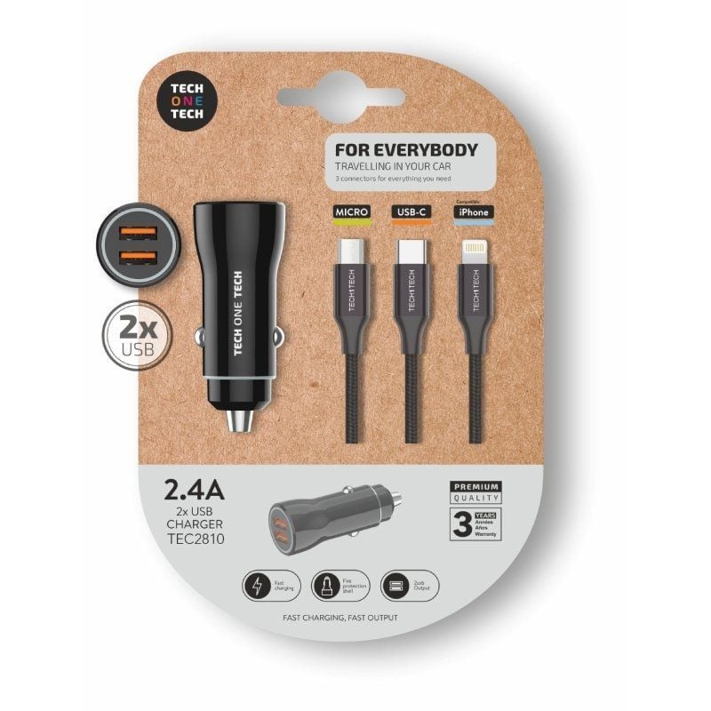 Carregador de Automóvel Tech One Tech TEC2810 / 2xusb + Cabo 3 em 1 / 12W