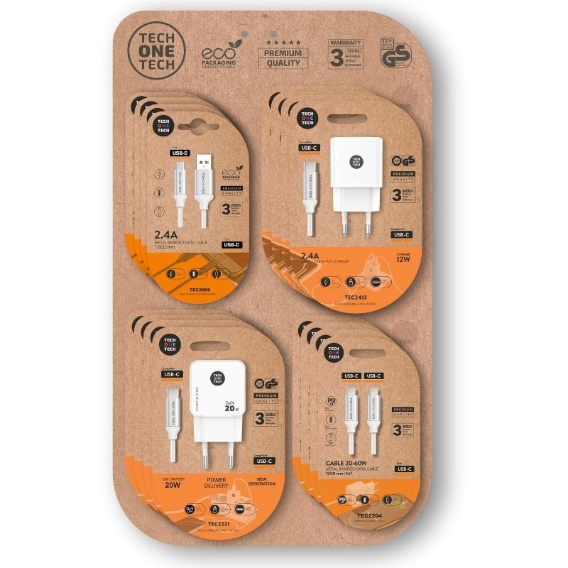 Carregador e Cabo Gan Ecrã Tech One Tech EKO 400801 / 4 Ganchos / Inclui 16 Produtos