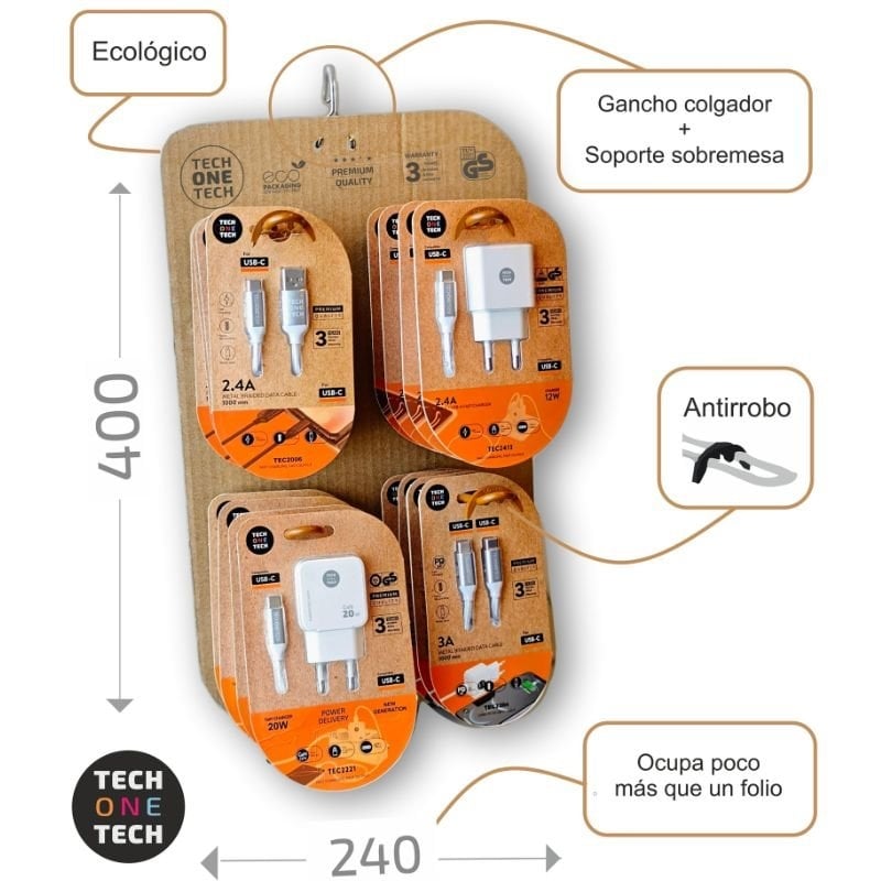 Carregador e Cabo Gan Ecrã Tech One Tech EKO 400801 / 4 Ganchos / Inclui 16 Produtos