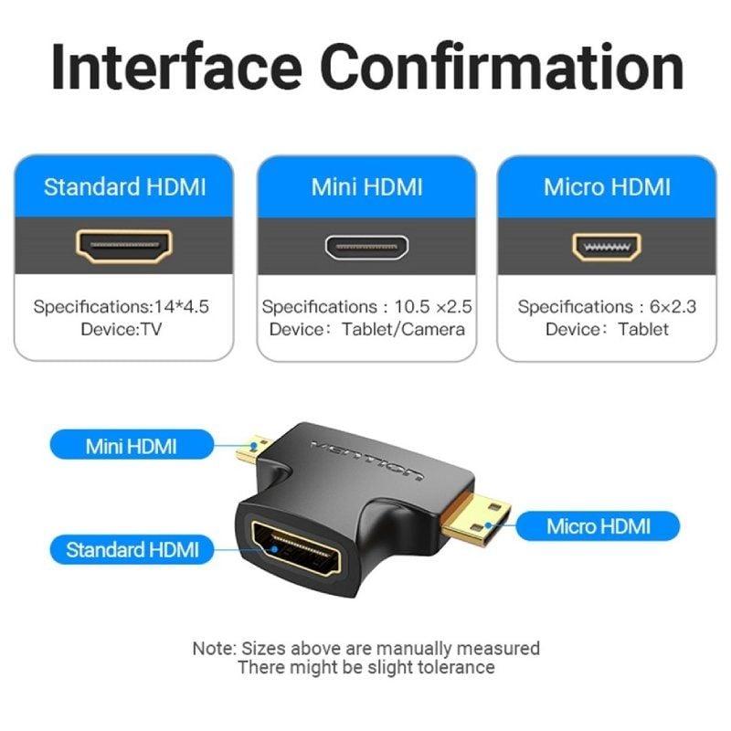 Adaptador HDMI 2 em 1 Vention AGFB0 / Adaptador HDMI Fêmea - Micro HDMI Macho - Mini HDMI Macho