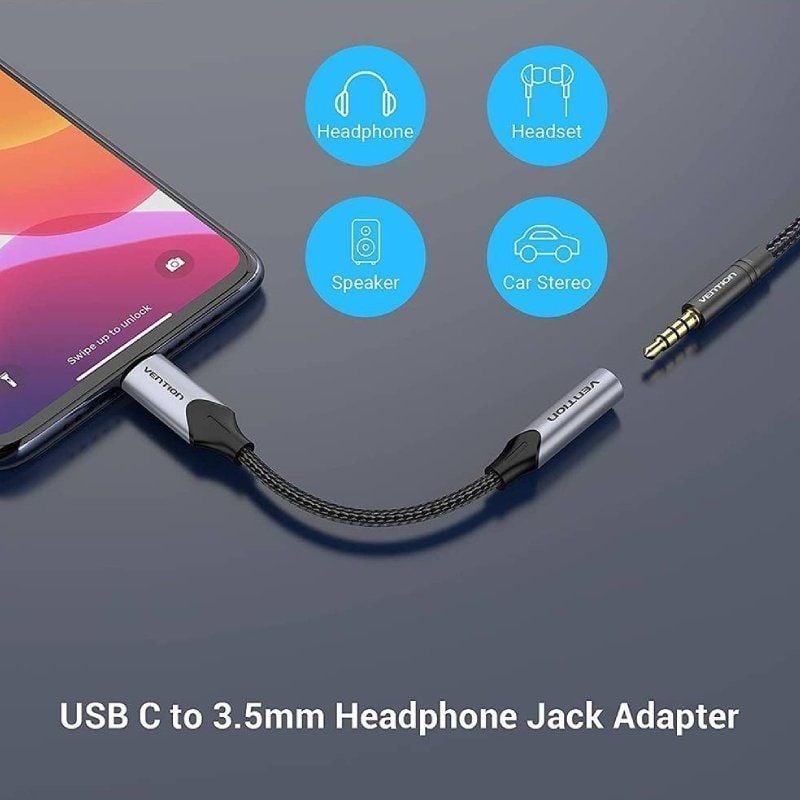 Adaptador Áudio Vention BGMHA / Jack 3.5 Fêmea - USB Type-c Macho / 10cm / Cinzento