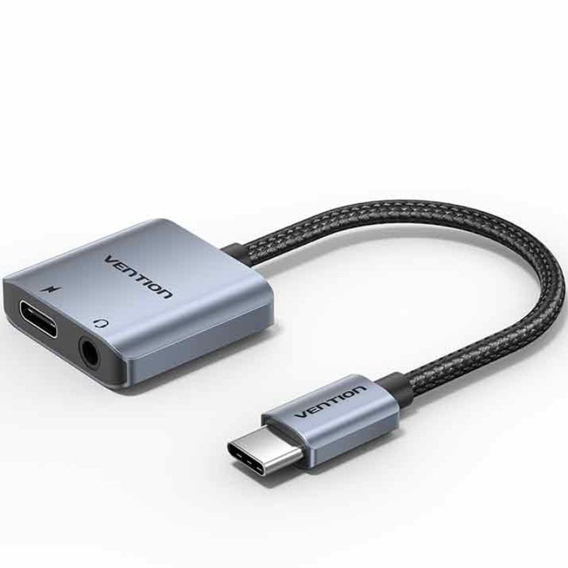 Adaptador Áudio Vention BIGHA / USB Tipo C Macho - Jack 3,5 Fêmea / USB Tipo C PD Fêmea / Cinzento