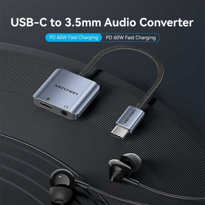 Adaptador Áudio Vention BIGHA / USB Tipo C Macho - Jack 3,5 Fêmea / USB Tipo C PD Fêmea / Cinzento
