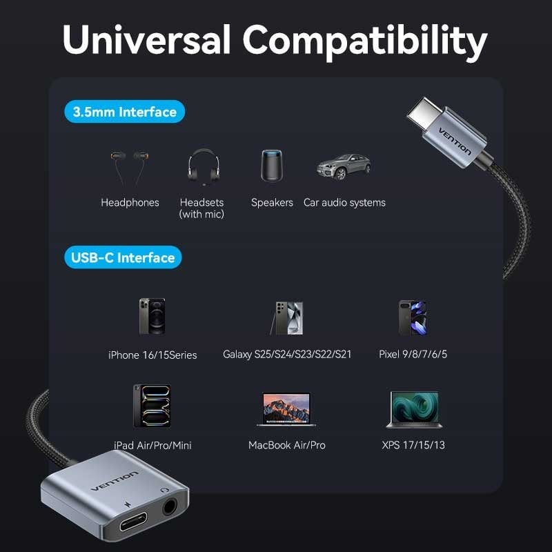 Adaptador Áudio Vention BIGHA / USB Tipo C Macho - Jack 3,5 Fêmea / USB Tipo C PD Fêmea / Cinzento