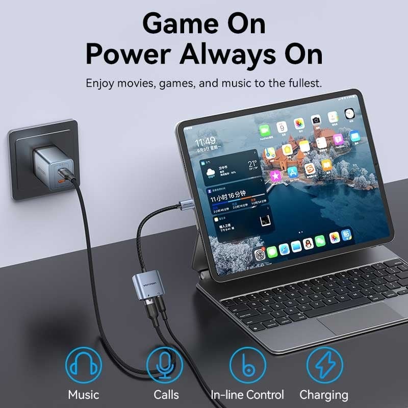 Adaptador Áudio Vention BIGHA / USB Tipo C Macho - Jack 3,5 Fêmea / USB Tipo C PD Fêmea / Cinzento