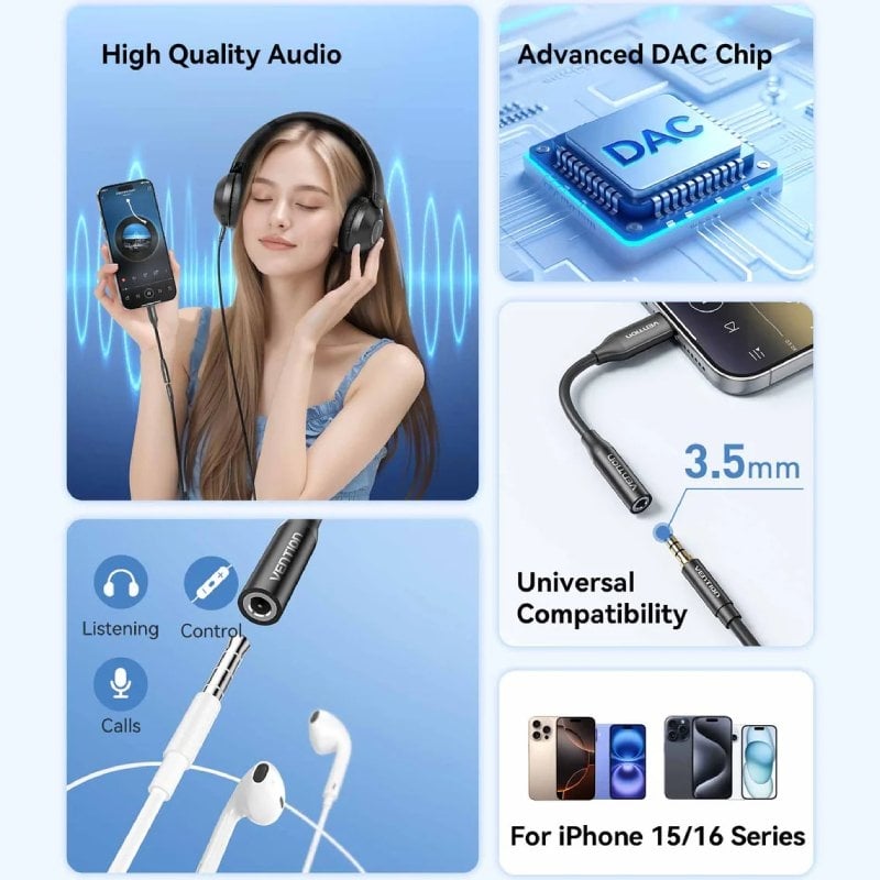 Adaptador de Áudio Vention BIIBA / Jack 3.5 Fêmea - USB Type-c Macho / 10cm / Preto