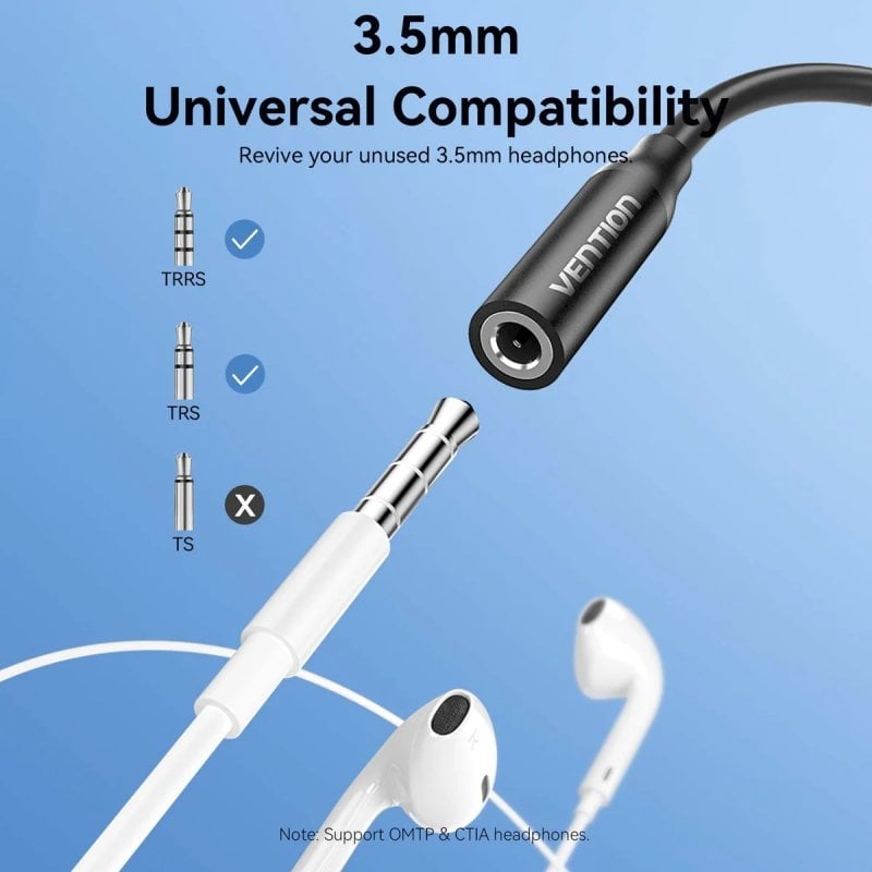 Adaptador de Áudio Vention BIIBA / Jack 3.5 Fêmea - USB Type-c Macho / 10cm / Preto