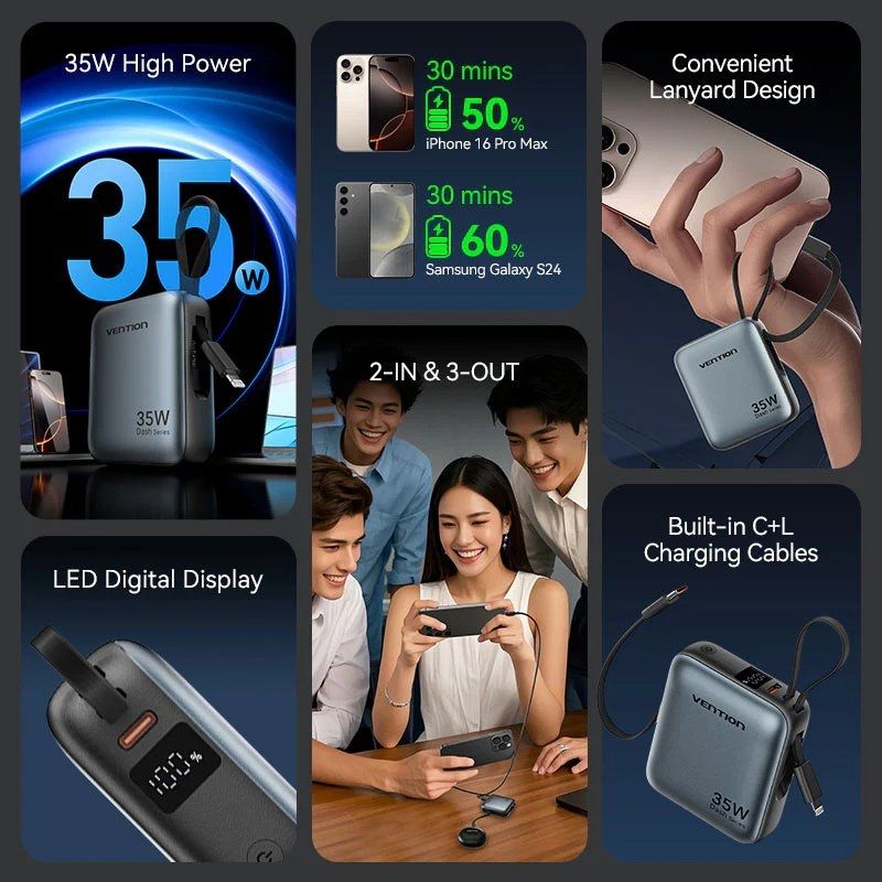 Powerbank 10000mah Vention FHFN0 / 35W / Cinzento / Inclui Cabo USB Tipo-c e Lightning