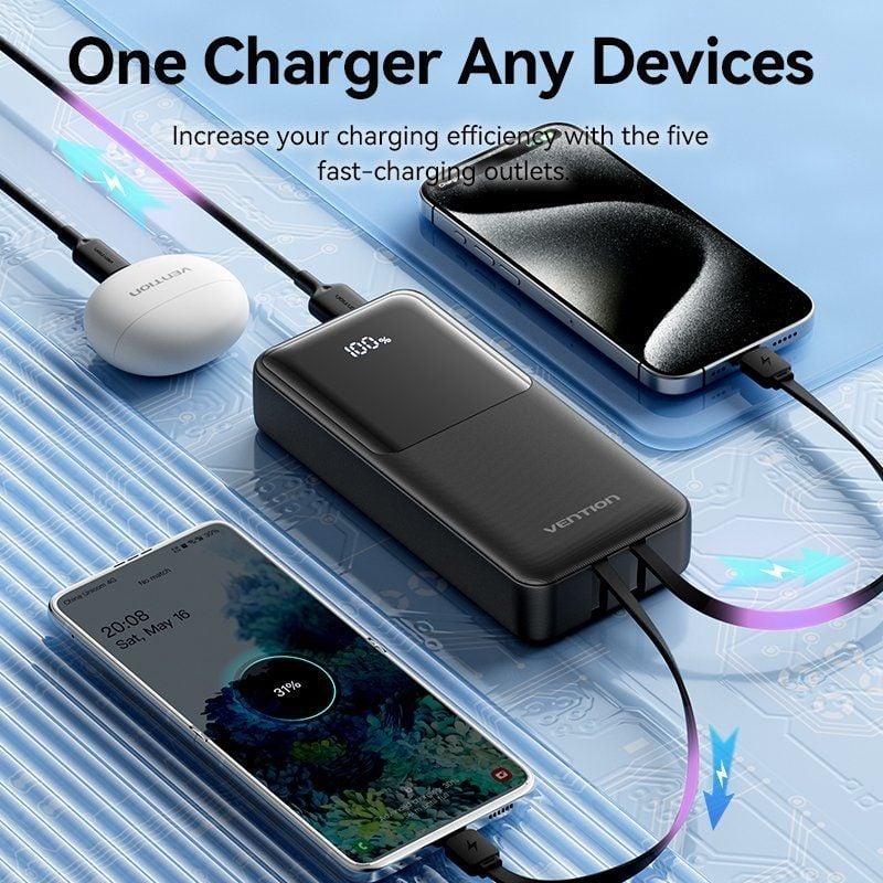 Powerbank 20000mah Vention FHPB0 / 22.5w / Preto / Inclui Cabo USB Tipo-c e Lightning