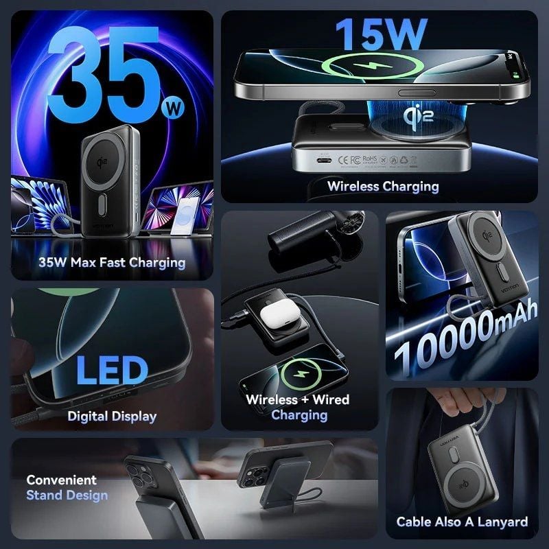 Powerbank 10000mah Vention FKHH0 / 35W / sem Fios / Cinzento / Inclui Cabo USB Tipo-c