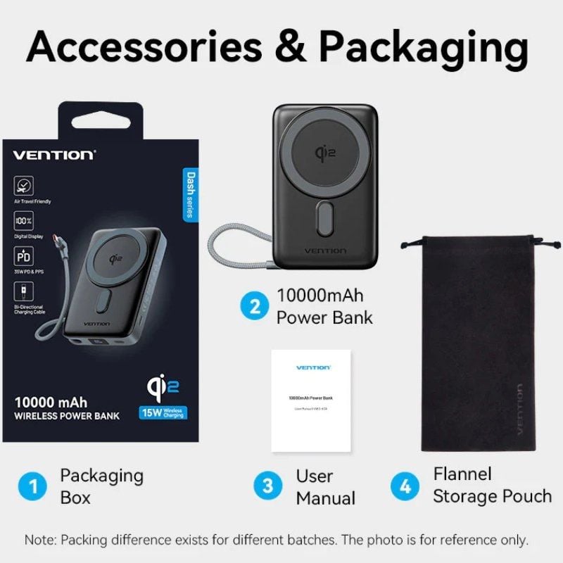 Powerbank 10000mah Vention FKHH0 / 35W / sem Fios / Cinzento / Inclui Cabo USB Tipo-c