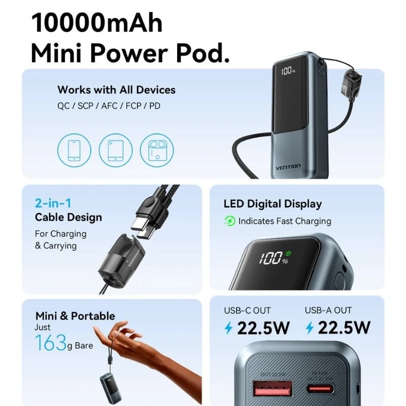 Powerbank 10000mah Vention FKOH0 / 22.5w / Cinzento