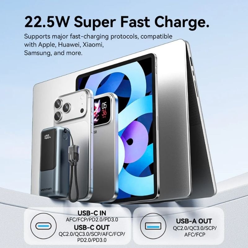 Powerbank 10000mah Vention FKOH0 / 22.5w / Cinzento