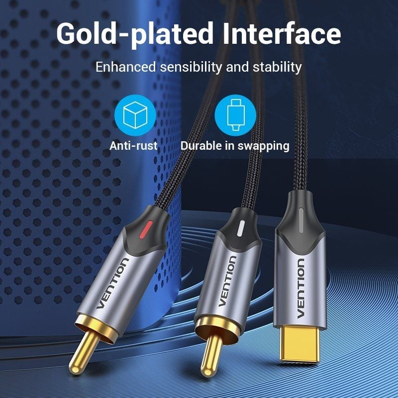 Cabo Conversor Vention BGUHG / 2x RCA Macho - USB Tipo C Macho / 1,5m / Cinzento