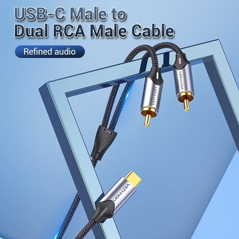 Cabo Conversor Vention BGUHG / 2x RCA Macho - USB Tipo C Macho / 1,5m / Cinzento