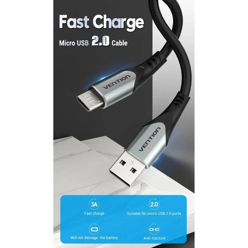 Cabo USB 2.0 Vention COAHG / Macho USB - Macho Microusb / Até 60W / 480mbps / 1,5m / Cinzento