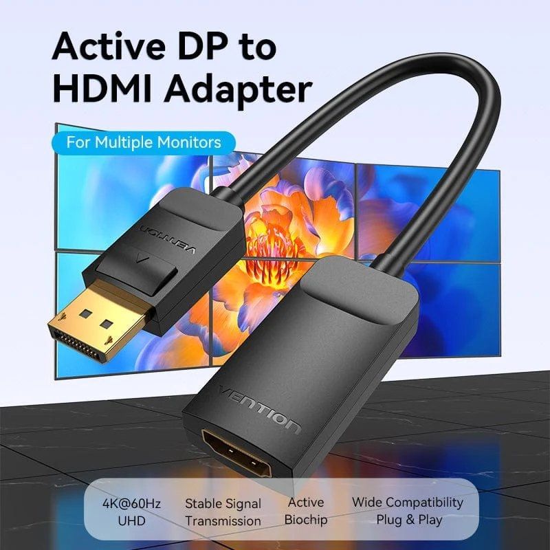 Cabo Conversor Vention HBZBB / Displayport Macho - HDMI 4K Fêmea / 15cm / Preto