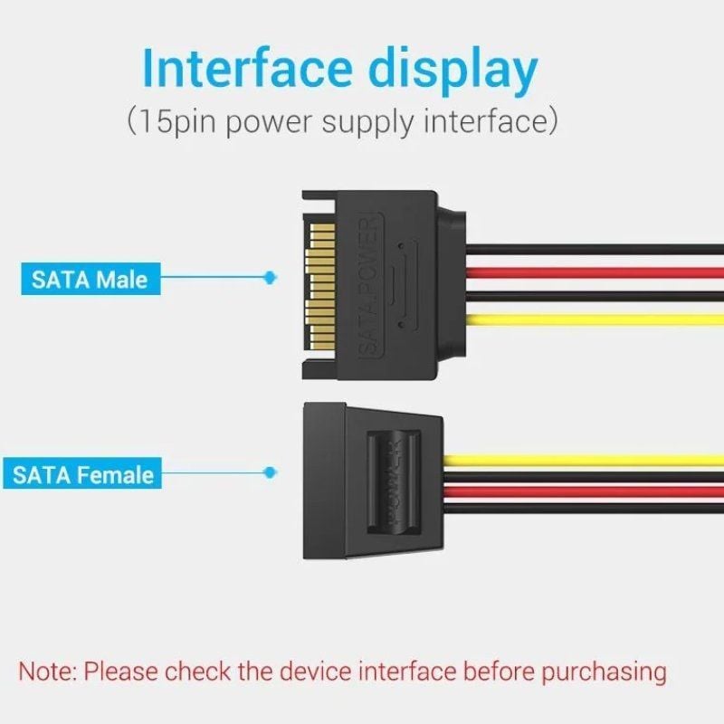 Cabo de Alimentação 15pin Vention KDABY / SATA Macho - SATA Fêmea / 30cm