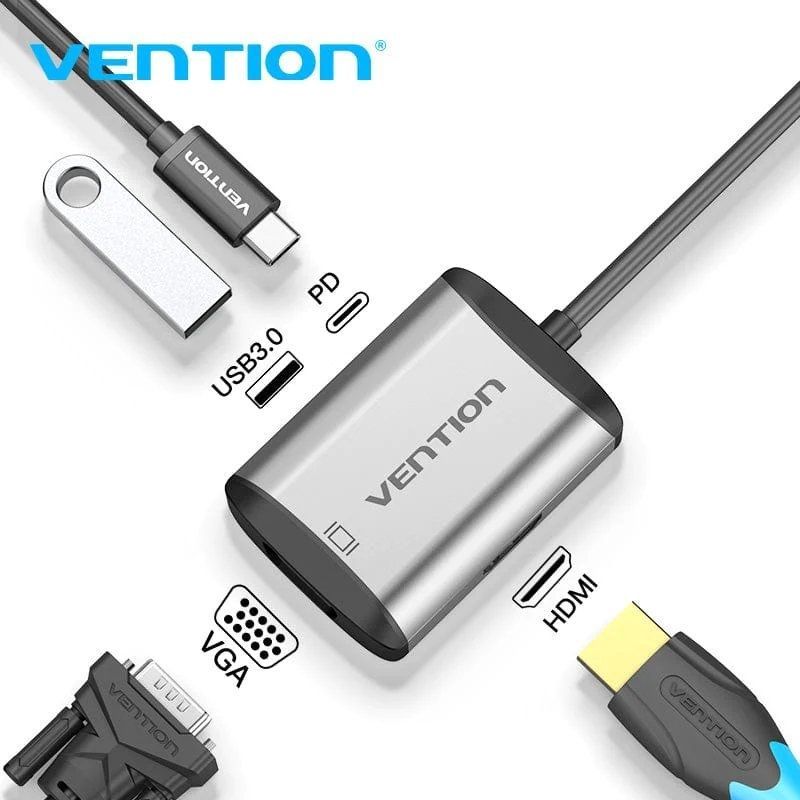 Conversor Vention TFAHB / 1xusb / 1xhdmi / 1xvga / 1xusb Type-c PD / 15cm / Cinzento