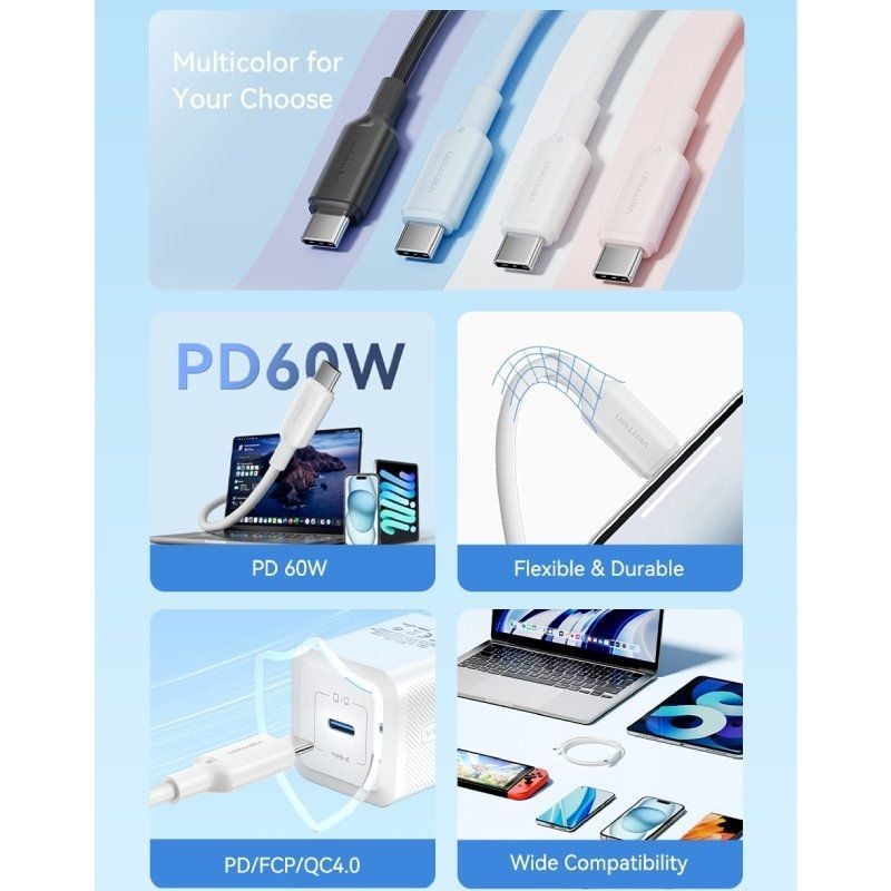 Vention TRCBH USB 2.0 Type-c 3A Vention TRCBH / USB Type-c Macho - USB Type-c Macho / Até 60W / 480…