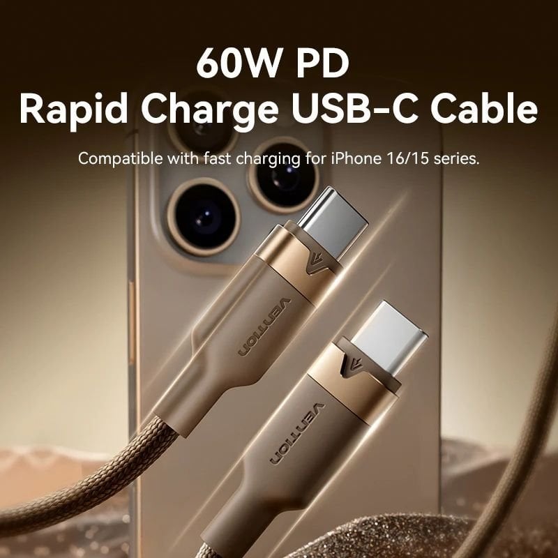 Cabo USB 2.0 Tipo C 3A Vention TRDJF / USB Tipo C Macho - USB Tipo C Macho / Até 60 W / 480 Mbps /…