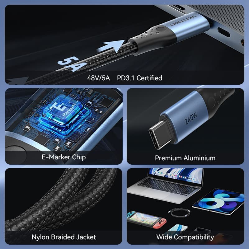 Vention TREBD USB 2.0 Type-c 5A / USB Type-c Macho - USB Type-c Macho / Até 240W / 480mbps / 50cm /…