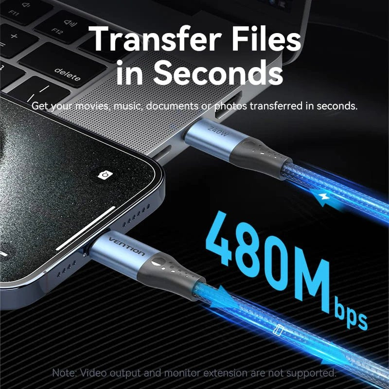 USB 2.0 Type-c 5A Vention TREBF / USB Type-c Macho - USB Type-c Macho / Até 240W / 480mbps / 1m / A…