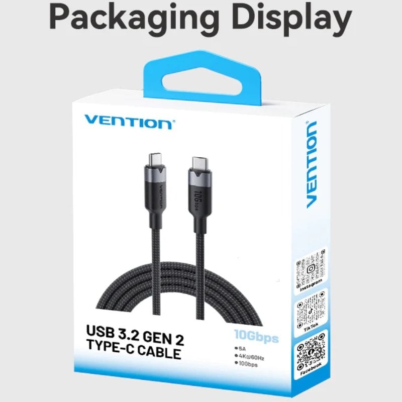 USB 3.2 Type-c 5A Vention TRGBD / USB Type-c Macho - USB Type-c Macho / Até 100W / 10gbps / 50cm /…