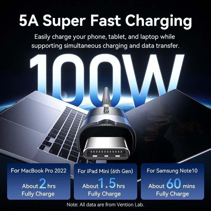 USB 3.2 Type-c 5A Vention TRGWF / USB Type-c Macho - USB Type-c Macho / Até 100W / 10gbps / 1m / Br…
